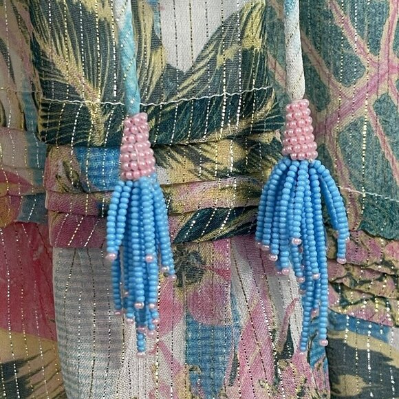 Rococo Sand Lily Drawstring Tassel Tie Floral Mini Dress Bell Sleeves Size Small - Picture 9 of 16